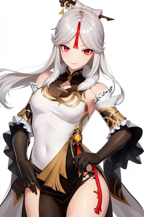 (8k, best quality, masterpiece), ultra-detailed, (high detailed skin), 
<lora:(v2)nguang-000004:1>, nguang, bangs, bare_shoulders, black_gloves, china_dress, claw_ring, detached_sleeves, elbow_gloves, frilled_sleeves, frills, hair_ornament, hairpin, long_hair, ningguang_\(genshin_impact\), parted_bangs, red_eyes, silver_hair, tassel, 
(white background, simple background:1.4), (black outline:1.2),