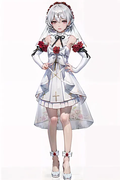 animesexy, - style image of a woman in a wedding dress holding a rose,  in dress, cute anime waifu in a nice dress, cushart krenz key art feminine, render of april, official character art, cushart krenz, azur lane style, 《Azure Lane》role, pretty anime character design, ayaka genshin impact，There are roses on the chest，White pumps，Roses on the shoes，The skirt is with a feather streamer