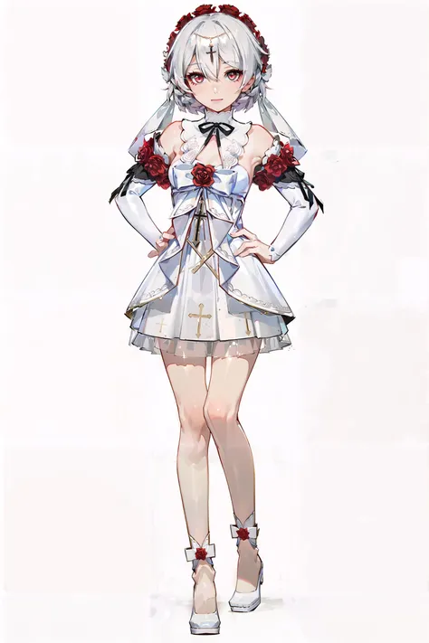 8k, best quality, masterpiece, (ultra-detailed:1.1), (high detailed skin), 
(full body:1.2), white background, standing, looking at viewer, solo, hand on hip, 
<lora:huajia-v100:1:lbw=OUTALL>, huajia, 1girl, theresa apocalypse, dress, red flower, white hair, white dress, flower, red rose, red eyes, wedding dress, bangs, bare shoulders, hair between eyes, hair ornament, bridal veil, 
(white background, simple background,:1.2), 
<lora:EnvyBetterHands LoCon_beta2 è¾å©:0.55>, ( good hands, nice hands:0.5), 
(beautiful_face), ((intricate_detail)), clear face, 
((finely_detailed)), fine_fabric_emphasis, 
((glossy)), full_shot,