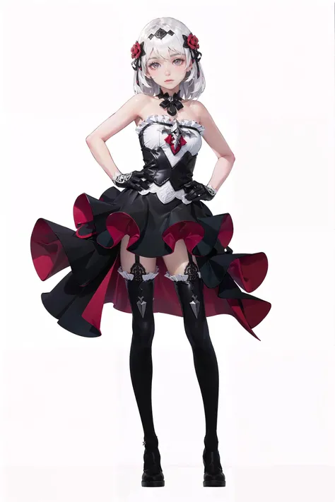 8k, best quality, masterpiece, (ultra-detailed:1.1), (high detailed skin),
(full body:1.2), white background, standing, looking at viewer, solo, hand on hip,
<lora:chuyong-v100:0.8:lbw=OUTALL>, yuexia, theresa apocalypse, hair ornament, black gloves, white hair, hair flower, bangs, rose, bare shoulders, thigh boots, black footwear, black strapless dress, black thighhighs,
(white background, simple background,:1.2),
<lora:EnvyBetterHands LoCon_beta2 è¾
å©:0.55>, ( good hands, nice hands:0.5),
(beautiful_face), ((intricate_detail)), clear face,
((finely_detailed)), fine_fabric_emphasis,
((glossy)), full_shot,