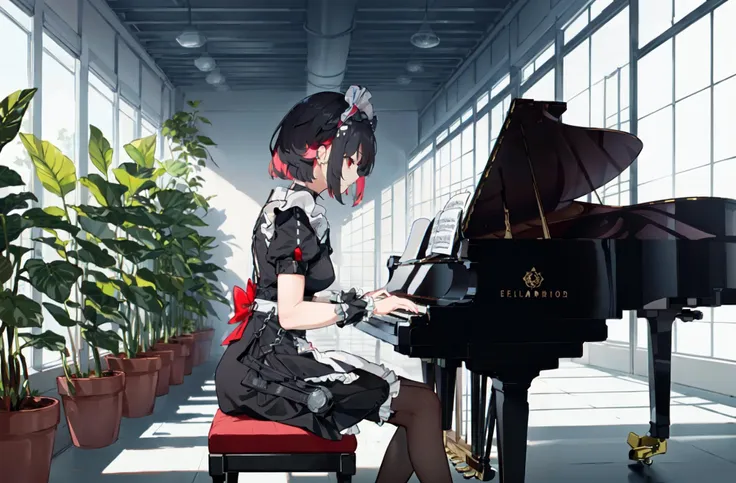 (outline), (emphasis lines), (detailed 8K wallpaper), 
(from side), (cowboy shot), (1 girl playing piano:1.2), sitting, (floating musical note around girl:1.4), detailed European piano, 
<lora:sharkmaid-v100-000029:0.8>, maid, Ellen Joe, 1tail, shark girl, (shark:-0.5), 1girl, red eyes, tail, pantyhose, multicolored hair, black footwear, short sleeves, apron, wrist cuffs, maid headdress, 
BREAK
(Detailed musical notes:1.2), piano, detailed room, (greenhouse), 
Blurred background, fog in the distance, (Potted plants background), window