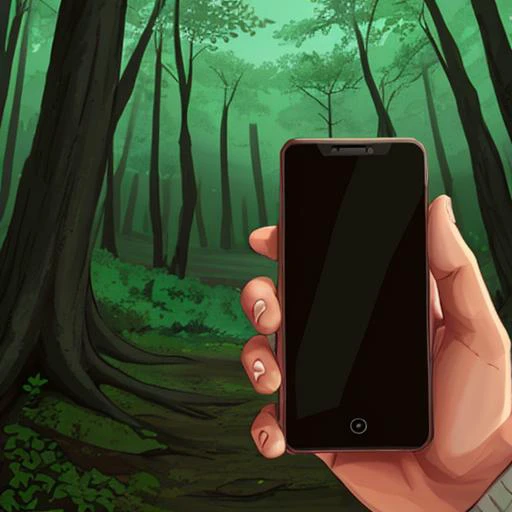 pov, holding smartphone, forest background