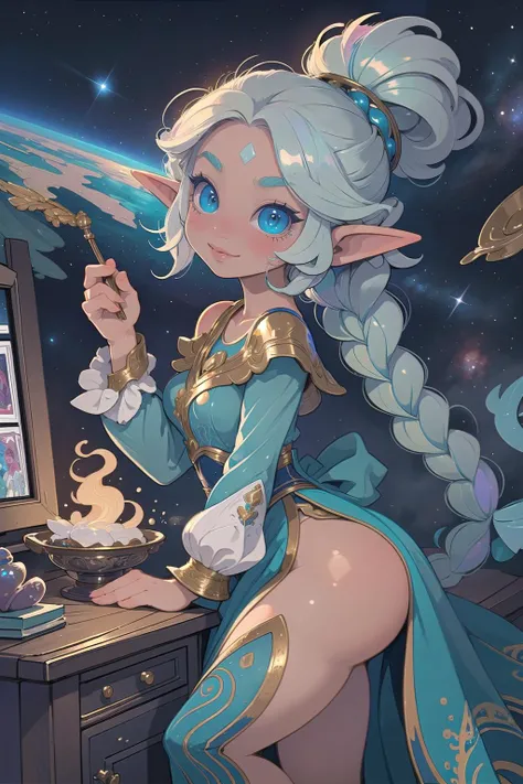 (masterpiece, best_quality, ultra-detailed, immaculate:1.3), epic, illustration, welcoming, 1girl, summoner, elf, iridescent silver hair, Messy Fishtail Braid, in an art studio, in the Hawaiian cloud space, bombshell hair, iridescent blonde hair, ponytail,Victorian Updo, leaning back<lora:EnvyCuteMix11:1>