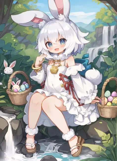 ((best quality)), ((highly detailed)), masterpiece, (detailed eyes, deep eyes), (1girl), full body, ((rabbit girl)), (viera), white hair, animal_ears, (kemonomimi), :D, short hair, medium breasts, wide hips, sun hat, adjusting headwear, (spring green dress), long dress, long sleeves, necklace, bracelet, sandals, in spring, ((Easter eggs)), (at a waterfall), <lora:EnvyCuteMix11:1>
