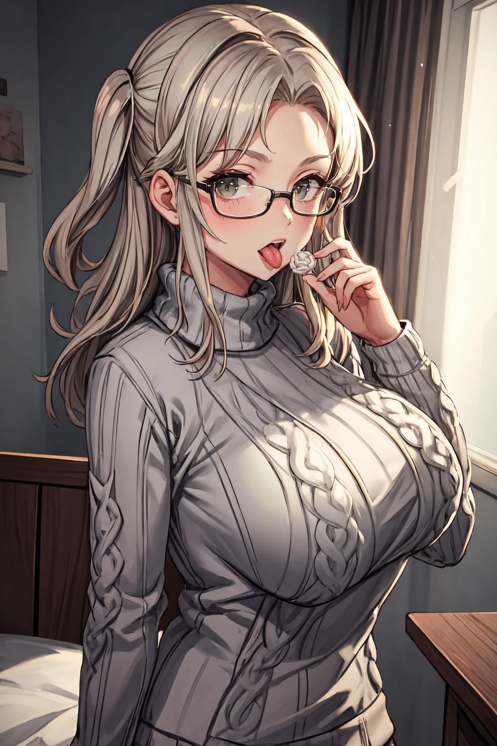 bust shot, solo, imu, (giant breasts:1.3), (wool sweater:1.4), glasses, lollipop, tongue
<lora:imu-nvwls-v1:0.7>
<lora:add_detail:0.7>
<lyco:GoodHands-beta2:0.7>
