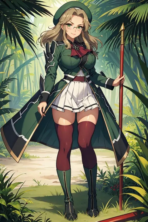 masterpiece, best quality, imu, glasses, beret, red ascot, military uniform, large breasts, white skirt, red thighhighs, green boots, standing, looking at viewer, furrowed brow, smile, jungle <lora:imu-nvwls-v1-000009:0.9>