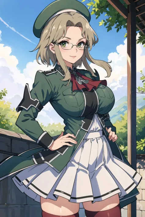 masterpiece, best quality, imu, glasses, beret, red ascot, military uniform, large breasts, white skirt, red thighhighs, cowboy shot, looking at viewer, hands to hips, smile, trees, city <lora:imu-nvwls-v1-000009:0.9>