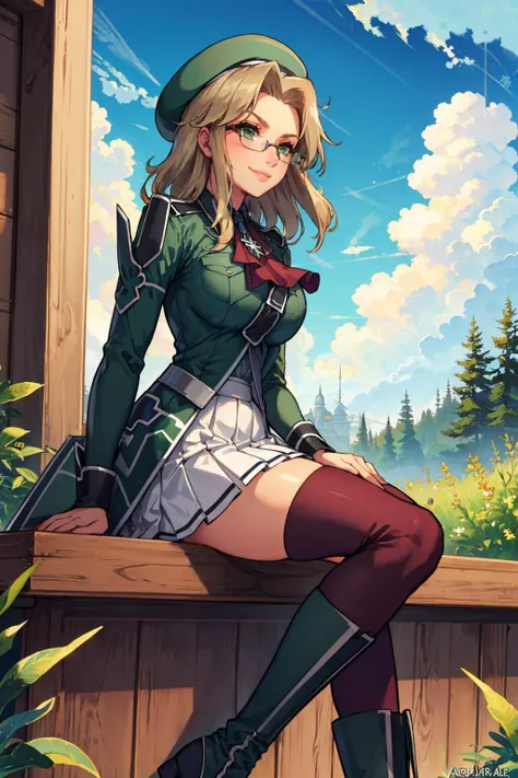 masterpiece, best quality, imu, glasses, beret, red ascot, military uniform, large breasts, white skirt, red thighhighs, green boots, sitting, from side, looking up, smile, sky, clouds <lora:imu-nvwls-v1-000009:0.9>