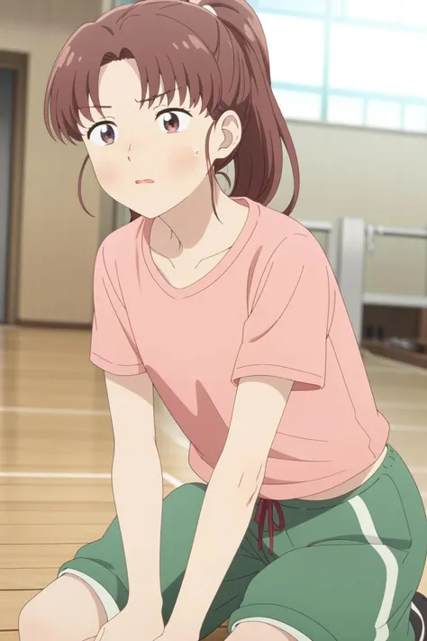 masterpiece, best quality, high quality, highres, high res, absurdres, ultra-detailed, best anatomy, detailed eyes, perfect eyes, 
Crouching with both hands on the ground,
mika_egashira, long hair, parted bangs, brown eyes, 1girl, solo, brown hair, shirt, collarbone, ponytail, short sleeves, pink shirt, sportswear, short track pants,
 <lora:Mika_EgashiraV1:0.85>