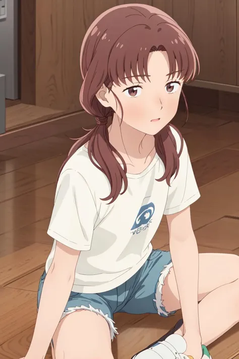masterpiece, best quality, high quality, highres, high res, absurdres, ultra-detailed, best anatomy, detailed eyes, perfect eyes, 
Sitting with one hand on the floor,
mika_egashira, long hair, parted bangs, brown eyes, 1girl, solo, brown hair, shirt, twintails, collarbone, white shirt, low twintails, short jeans, sneakers,  
 <lora:Mika_EgashiraV1:0.85>