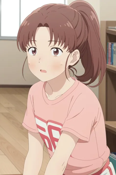 masterpiece, best quality, high quality, highres, high res, absurdres, ultra-detailed, best anatomy, detailed eyes, perfect eyes, 
Mimicking playing an air guitar,
mika_egashira, long hair, parted bangs, brown eyes, 1girl, solo, brown hair, shirt, collarbone, ponytail, short sleeves, pink shirt, sportswear, short track pants,
 <lora:Mika_EgashiraV1:0.85>