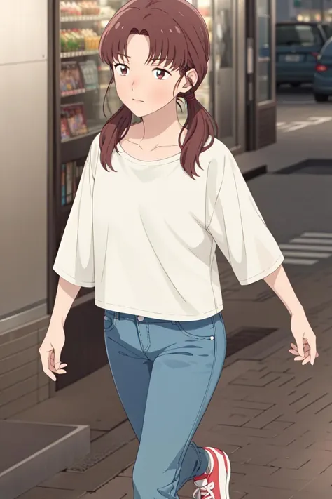 masterpiece, best quality, high quality, highres, high res, absurdres, ultra-detailed, best anatomy, detailed eyes, perfect eyes, 
Walking as if wearing oversized clown shoes,
mika_egashira, long hair, parted bangs, brown eyes, 1girl, solo, brown hair, shirt, twintails, collarbone, white shirt, low twintails, short jeans, sneakers,  
 <lora:Mika_EgashiraV1:0.85>