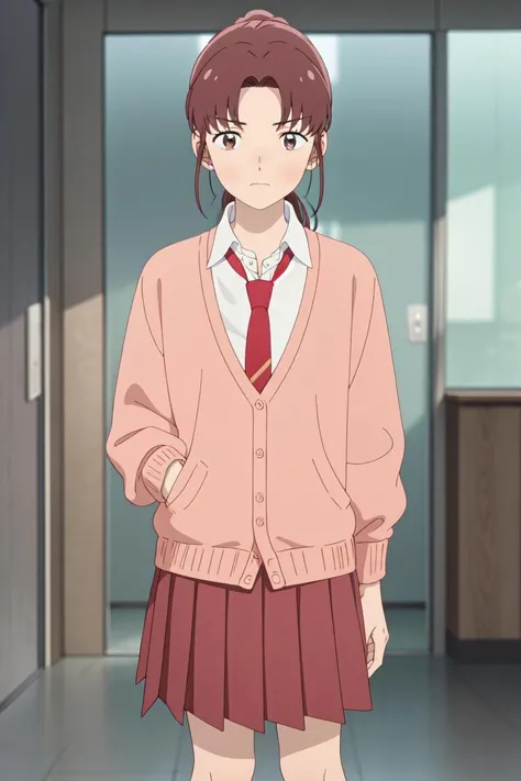 masterpiece, best quality, high quality, highres, high res, absurdres, ultra-detailed, best anatomy, detailed eyes, perfect eyes,
Standing with one hand over the heart,
mika_egashira, long hair, parted bangs, brown eyes, 1girl, solo, brown hair, shirt, school uniform, white shirt, ponytail, necktie, cardigan, red necktie, skirt, socks loafers,
<lora:Mika_EgashiraV1:0.85>