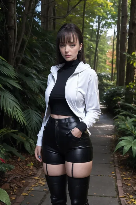 lexiluna a woman wearing turtleneck oversized tee and biker shorts, forest, (edge lighting:0.5) <lora:lexiluna:1>