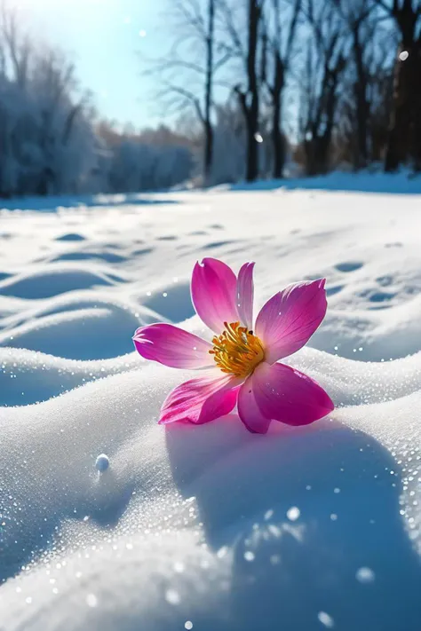 ((masterpiece)), best quality, brightly colored flower with snow on it in the middle of the day, a macro photograph by igor zenin, unsplash contest winner, art photography, winter vibrancy, magical colorful flowers, beautiful macro photography