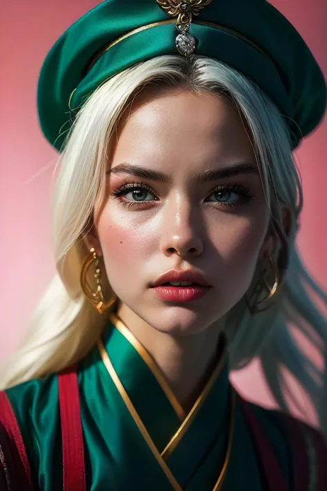 ((masterpiece)), best quality, a close up of a woman with a hat on a pink background, artgerm and , ethnic fantasy, teal skin, trend on dribbble, portrait of mulan, photo realistic ), 4k hd. snow white hair, aztec royalty portrait, gorgeous face portrait, epic and classy portrait