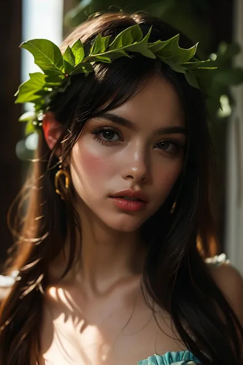 ((masterpiece)), best quality, a close up of a woman with a wreath of leaves on her head