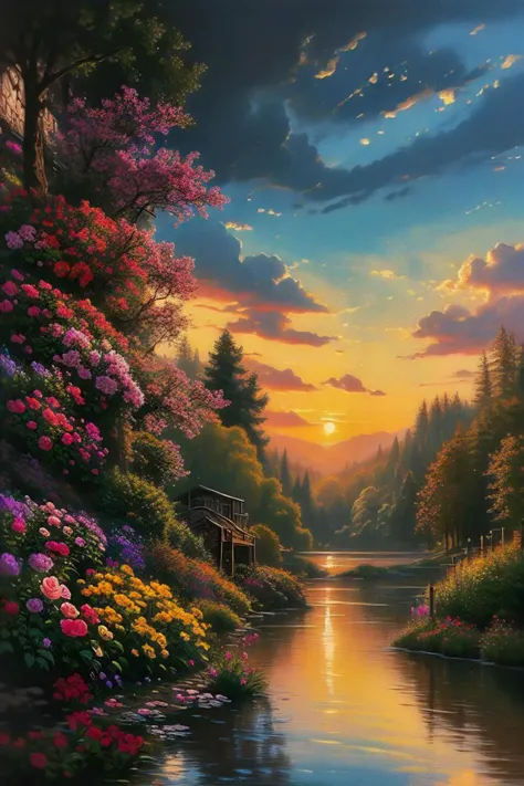 ((masterpiece)), best quality, painting of a sunset over a lake with flowers and trees, thomas kinkade painting, ( ( thomas kinkade ) ), by thomas kinkade, by thomas kinkade, thomas kindkade, style of thomas kinkade, floral sunset, beautiful oil painting, ( thomas kincade ), russian oil painting, beautiful oil painting on canvas, style thomas kinkade