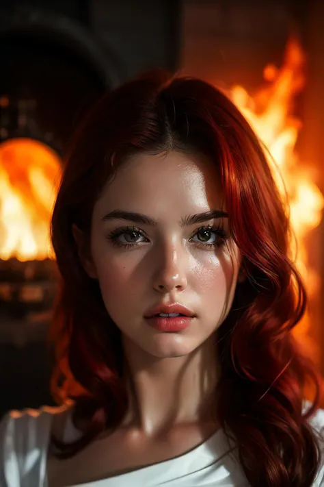 ((masterpiece)), best quality, a close up of a woman with red hair and a fire behind her, photo realistic wallpaper, by kerembeyit, beautiful delicate face, with long wavy red hair, realistic professional photo, hot with shining sun, pale glowing skin, beautiful and symmetrical face, autumnal empress, she is attracting lightnings, elegant shot, fire dress
