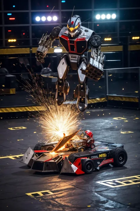 battlebots fight, explosion, saw, mecha, several robots fighting <lora:battlebots:1>