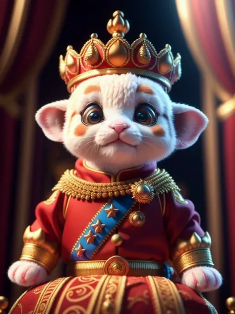 25mm photography of a baby animal pixar charakter draped in expensive royal clothing, intricately detailed outfit, pixar background, sharp, max settings octane render, 8k