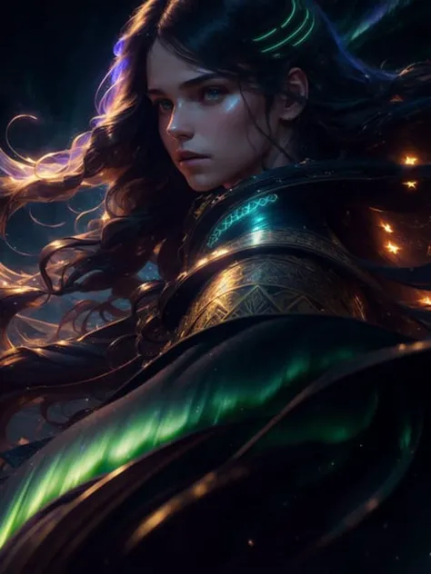 (dark dim dramatic atmosphere)+ 8k portrait aurora, girl with super long hair, hair dissolving into bright stars, in drip modern clothing, intricate, highly detailed, digital painting, smooth, sharp focus, illustration, unreal engine 5, 8 k, art by artgerm and greg rutkowski and alphonse mucha