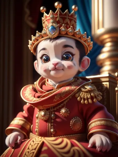 25mm photography of a baby animal pixar charakter draped in expensive royal clothing, intricately detailed outfit, pixar background, sharp, max settings octane render, 8k