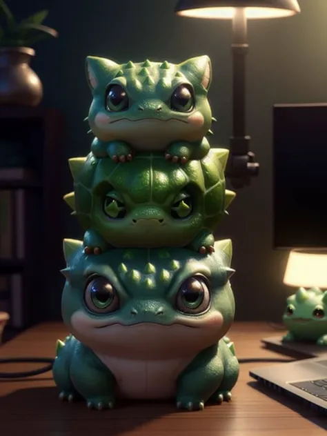Cute small bulbasaur sitting in front of laptop ,unreal engine, cozy indoor lighting, artstation, detailed, digital painting,cinematic,character design by mark ryden and pixar and hayao miyazaki, unreal 5, daz, hyperrealistic, octane render