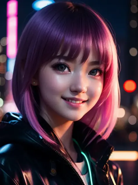 masterpiece, best quality, half body, portrait, night city, 1girl, anime, 3D, Japan, pixar, realistic, teen girl, smiling, cute face, harajuku fashion style, rain coat, beautiful, colourful, neon lights, cyberpunk, smooth skin, illustration, artstation, painting by stanley artgerm lau, sideways glance, foreshortening, extremely detailed 8K, smooth, high resolution, ultra quality, highly detail eyes, highly detail mouth, highly detailed face, perfect eyes, both eyes are the same, true light, glare, Iridescent, Global illumination, real hair movement, real light, real shadow, real face, hd, 2k, 4k, 8k, 16k, realistic light, realistic shadow, bright Eyes, fluorescent eyes, soft light, dream light