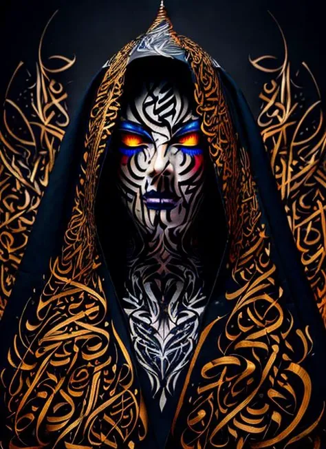 masterpiece, (calligraphy:1.49) art, (calligraphy:1.49), modern art, brush strokes, intricate dark, shadowy portrait of a wizard with flaming eyes in a hooded flaming cloak, close up, unnaturally pale skin, (calligraphy:1.49) facial tattoo, surreal, fashion photography, abstract, absurd resolution flame_surge_style <lora:Calligraphy art:0.8>