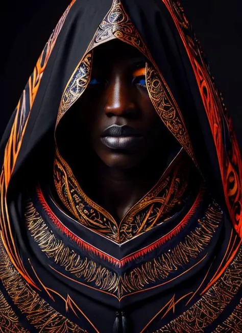 masterpiece, calligraphy art, calligraphy, modern art, brush strokes, intricate dark, shadowy portrait of (a wizard:1.28) with flaming eyes in a hooded flaming cloak, close up, unnaturally dark  skin, calligraphy facial tattoo,  surreal, fashion photography, abstract, absurd resolution  flame_surge_style <lora:Calligraphy art:0.8>