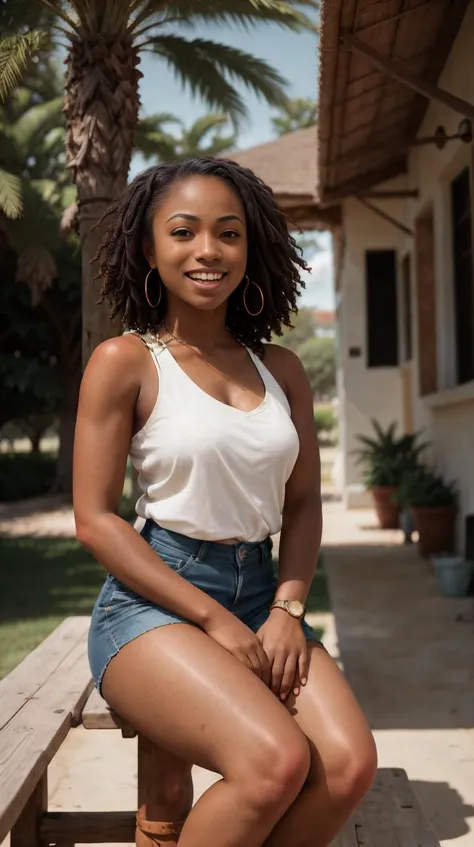 Masterpiece, RAW photography, dark skinned woman (laughing:0.8), sitting down, knees up, elbows bent, outside in sunlight, <lora:PinkSkin:0.75>, sleeveless shirt, long shorts, godray sunbeams, DOF, blurry background, freckled skin, detailed skin, detailed face