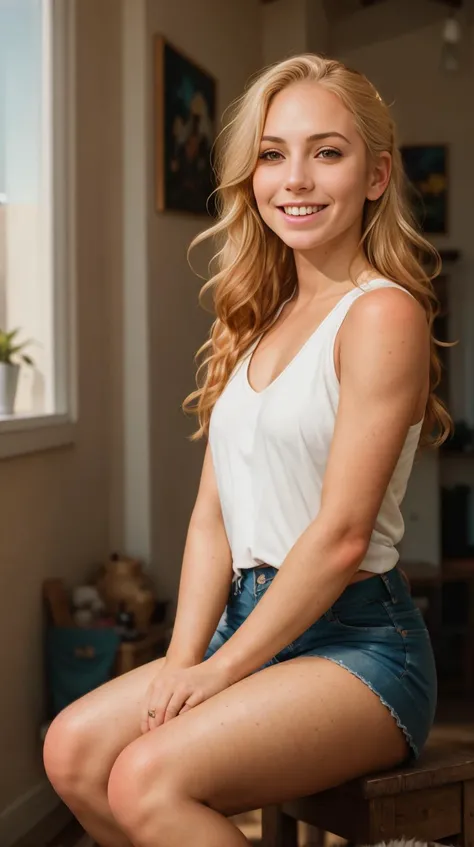 woman, solo, Masterpiece, RAW photography, smiling, sitting, knees up, elbows bent, indoors, <lora:PinkSkin:0.75>, sleeveless shirt, shorts, (lens flare:1.2), golden hour, DOF, blurry background, (freckled skin:0.6),( detailed skin:0.8), detailed face, freckled face, glossy skin