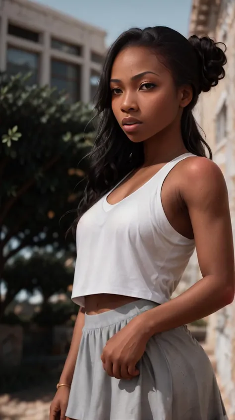 Masterpiece, RAW photography, <lora:PinkSkin:0.9>, black woman, serious face, in an combat stance, lit by sunlight , Gold sleeveless shirt, Gray skirt, lens flare, DOF, blurry background, freckled skin, detailed skin, detailed face, updo hairstyle hairstyle