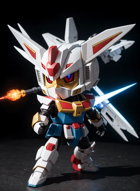 in the style of Bandai design , Delicate colorful 3D PVC model of a cute chibi gundam, epic battle scene, Sci-fi animation fighting, post product banner