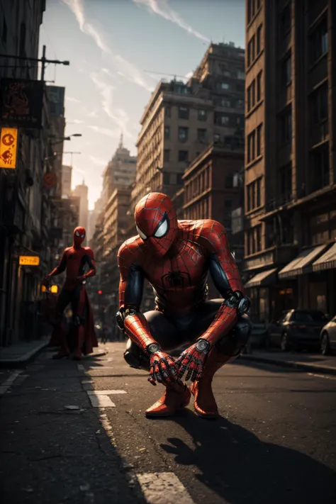 art by Goro Fujita,art by Leticia Gillett, concept art, Masai fauna, eye-level shot of a  <lora:add_detail:1> <lora:FilmG4:1> Dark_Fantasy,Cyberpunk, (In the style of robotic Spiderman,Red:1.1),1man,Mechanical marvel,Robotic presence,Cybernetic guardian,<lora:A-Mecha-REN[color_theme,mecha musume, mechanical parts, robot joints,headgear,full armor]:0.2>, mecha, masterpiece,ultra realistic,32k,extremely detailed CG unity 8k wallpaper, best quality, at Dusk, Golden ratio, masterpiece,ultra realistic,32k,extremely detailed CG unity 8k wallpaper, best quality