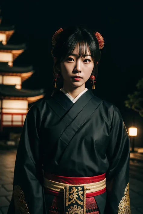 Japanese female samurai in filigree samurai armor, Japanese luxury castle background, action pose, cinematic lighting, 4k, vantablack  <lora:japanesedolllikenessV1_v15:0.8>