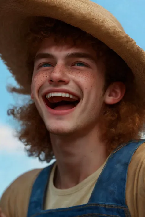 close-up photo portrait of a 20 yo european man, blond short curly hair, blue eyes, laughing face expression, freckles, denim overall, t-shirt, straw hat, farmer, simple background