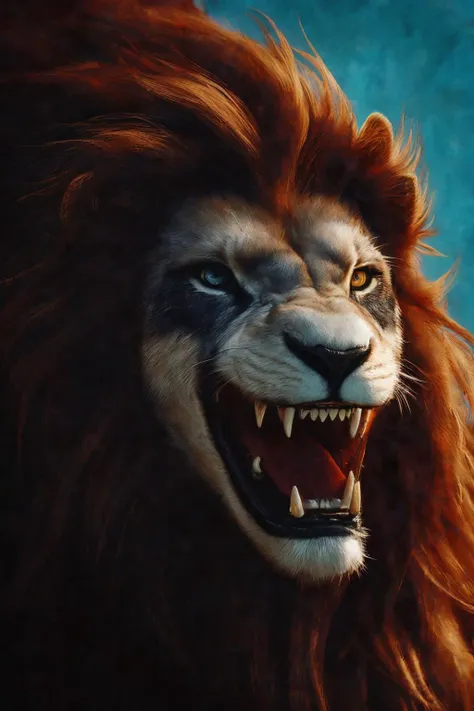 close-up photo portrait of a great red lion, blue eyes, very long lion's mane, roaring, open mouth, fangs, animal, no humans, simple background