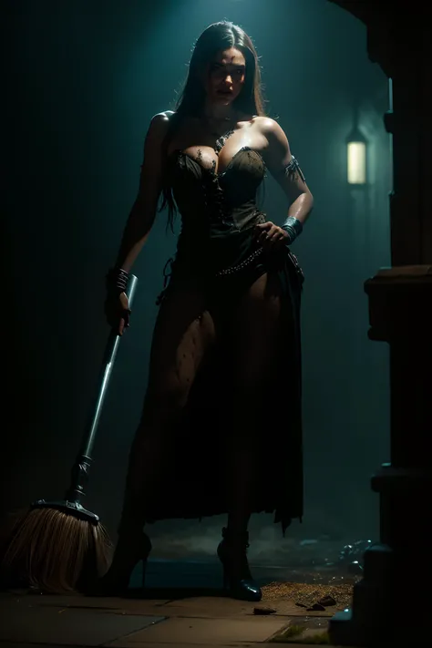 Full body , ultra detailed, full body, photorealism, two zombies cleaning and dusting in a dark underground dungeon , dark fantasy, smokey and oily colors, photorealism, full body portrait, flawless skin, Gerald Brom, elegant