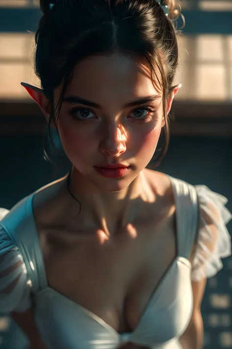 ballerina, cleavage, (view from above:1.5),(detailed face, detailed eyes, clear skin, clear eyes), lotr, fantasy, elf, female, full body, looking at viewer, portrait, photography, detailed skin, realistic, photo-realistic, 8k, highly detailed, full length frame, High detail RAW color art, piercing, diffused soft lighting, shallow depth of field, sharp focus, hyperrealism, cinematic lighting
