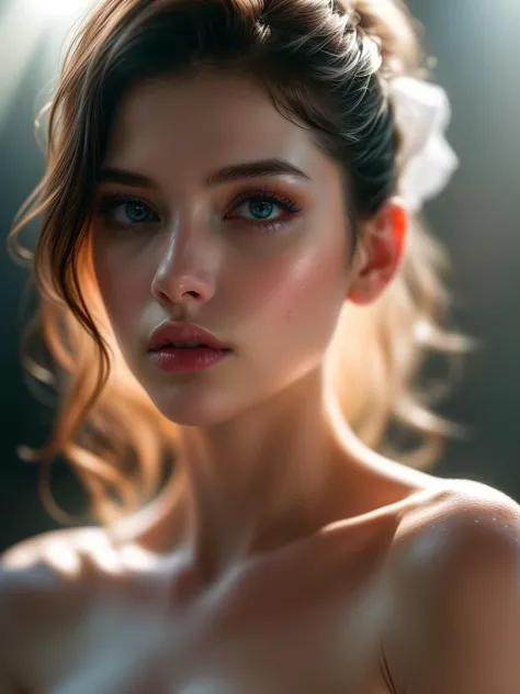 (((ultra realistic))) Photo, masterpiece, top quality, (pale skin), (Ultra detailed face and eyes:1.3), 1 girl, Adult, in a T-shirt, (Eye makeup, mascara) , ((large detailed lips)), ((ash wavy hair)), ((Chyolka)) , (Natural breasts), Slim waist. ((Posing)), photoshoot, studio (soft lighting), (The play of light and shadows), depth of field, bokeh, (special attention to skin detail: 1.2), Detailed leather texture, skin pores. (Airy atmosphere of the frame. Color range - delicate, Bright, white, Pink tones), UDR, ((Film grain)), ((rays)), ((glare of the sun)), ((waist up portrait, close to the camera)) , ultra detialed, <lora:more_details:1>