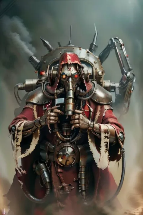 ((masterpiece,best quality)), absurdres, mechanical arms, robes, hood, ((techpriest)), cyborg, mechanical face, (demonmawai), mechanical limbs, gas mask, red robe, 1other, solo, holding rifle,