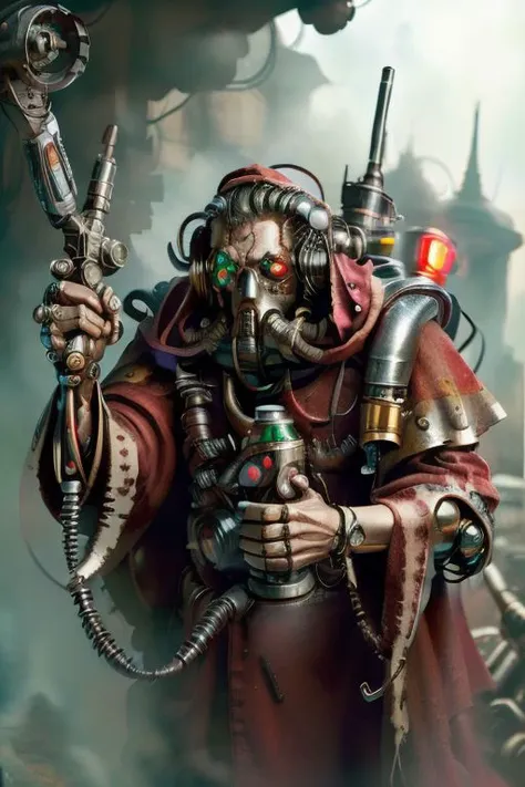 ((masterpiece,best quality)), absurdres, mechanical arms, robes, hood, ((techpriest)), cyborg, mechanical face, (demonmawai), mechanical limbs, gas mask, red robe, 1other, solo, holding rifle,