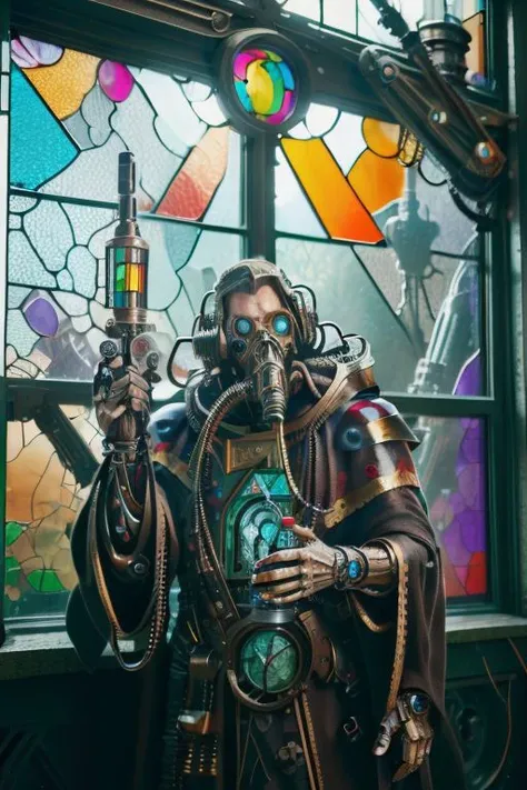 ((masterpiece,best quality)), absurdres, mechanical arms, robes, hood, ((techpriest)), cyborg, mechanical face, (stainedglassai), mechanical limbs, gas mask, black robe, 1other, solo, holding rifle,