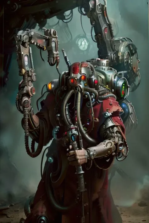 ((masterpiece,best quality)), absurdres, mechanical arms, robes, hood, ((techpriest)), cyborg, mechanical face, (tentaclehorrorai), mechanical limbs, gas mask, red robe, 1other, solo, holding rifle,