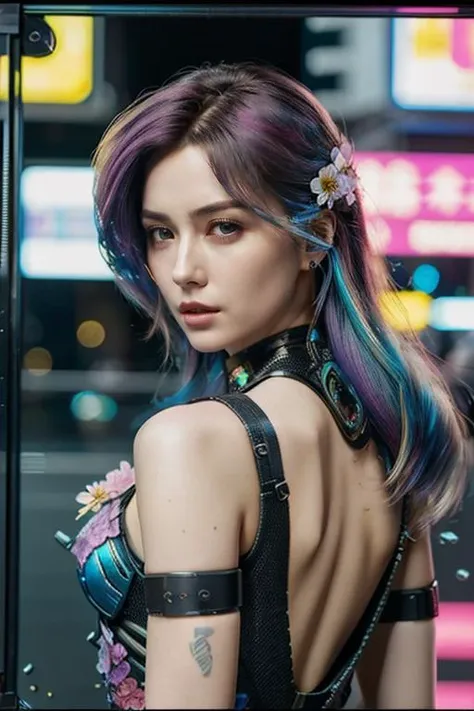 cyberpunk 2077,most beautifull woman ever,dynamic angle,rainbow hair,detailed cute anime face,((li)),flower,cry,water,corrugated,flowers tire,broken glass,(broken screen),atlantis,transparent glass,