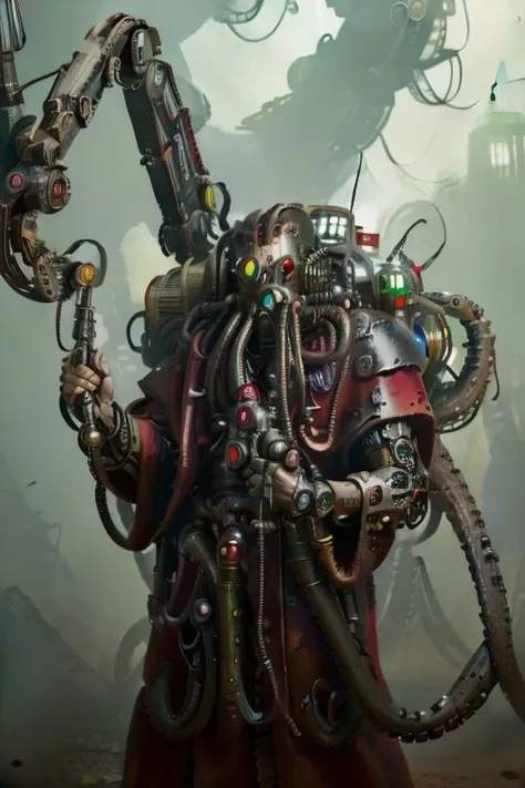 ((masterpiece,best quality)), absurdres, mechanical arms, robes, hood, ((techpriest)), cyborg, mechanical face, (tentaclehorrorai), mechanical limbs, gas mask, red robe, 1other, solo, holding rifle,