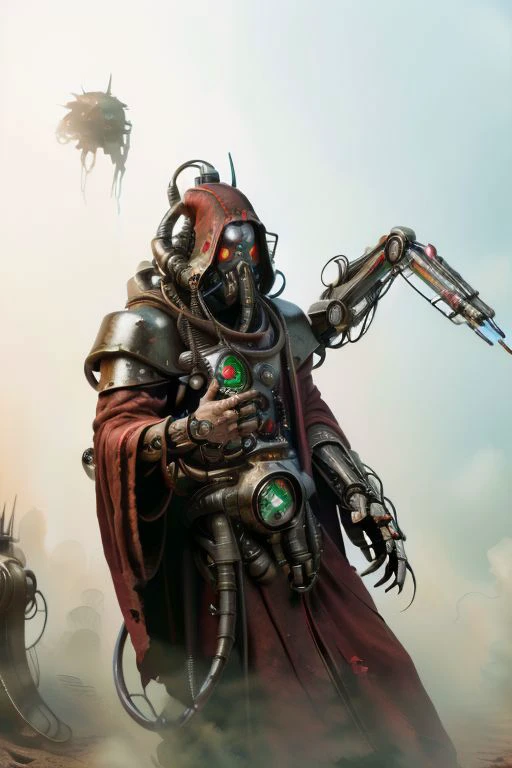 ((masterpiece,best quality)), absurdres, mechanical arms, robes, hood, ((techpriest)), cyborg, mechanical face, (demonmawai), mechanical limbs, gas mask, red robe, 1other, solo, holding rifle,