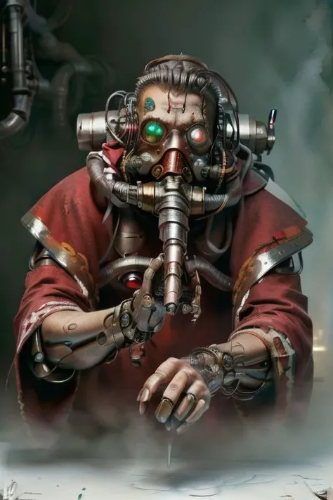 ((masterpiece,best quality)), absurdres, mechanical arms, robes, hood, ((techpriest)), cyborg, mechanical face, (demonmawai), mechanical limbs, gas mask, red robe, 1other, solo, holding rifle,